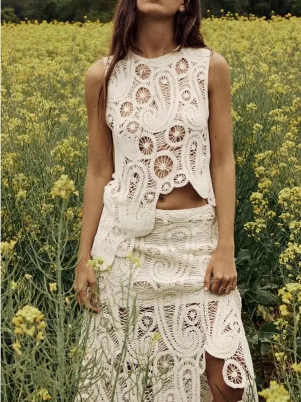 Zara White Paisley Lace Midi Skirt Set
